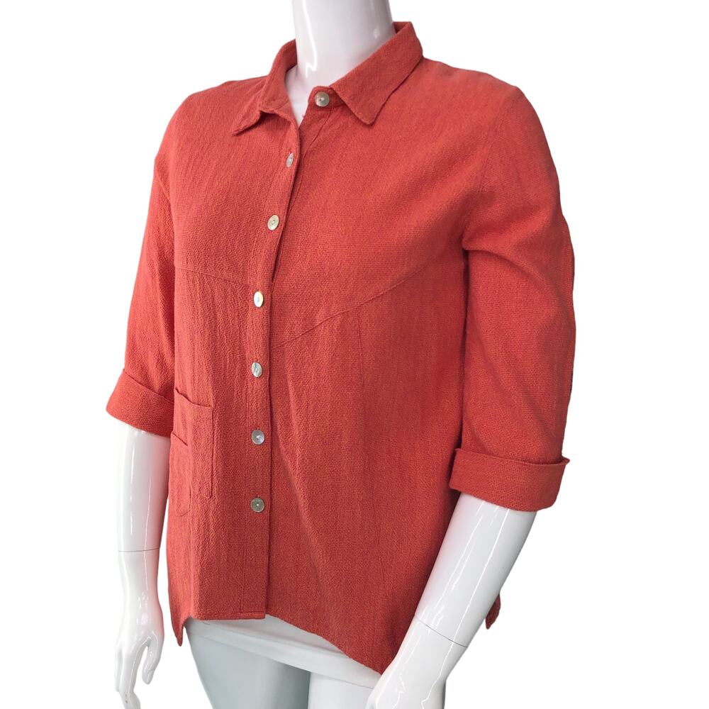 Toofan Womens Sz L Button Front Top Cotton Handkerchief Hem Roll Tab Sleeve Vtg